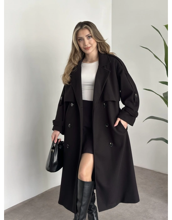 Oversize düğmeli astarlı bağlamalı kaşe kaban siyah