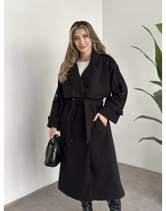 Oversize düğmeli astarlı bağlamalı kaşe kaban siyah