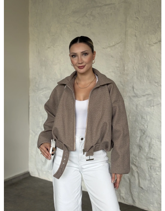 Oversize kısa kemerli kaşe ceket bej