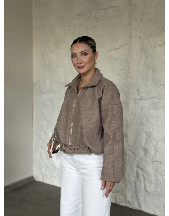 Oversize kısa kemerli kaşe ceket bej