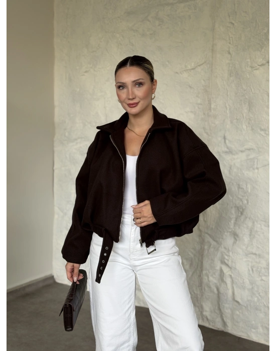 Oversize kısa kemerli kaşe ceket kahve