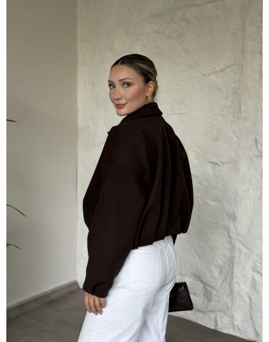 Oversize kısa kemerli kaşe ceket kahve