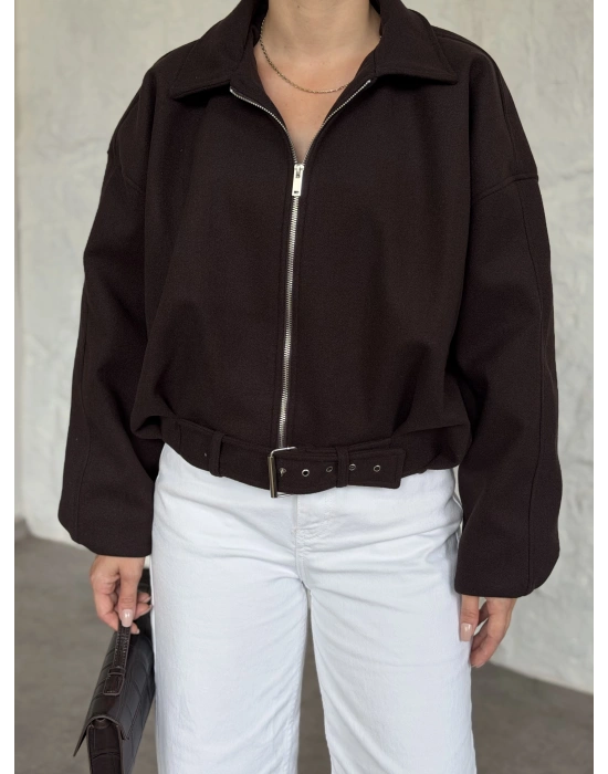 Oversize kısa kemerli kaşe ceket kahve