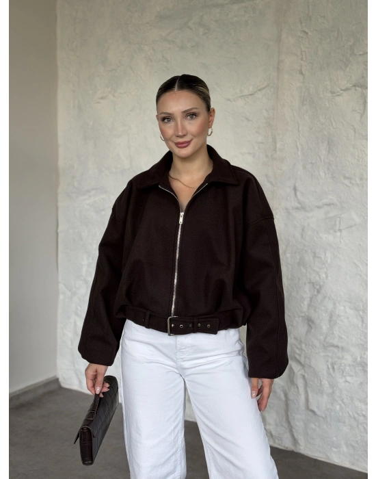 Oversize kısa kemerli kaşe ceket kahve