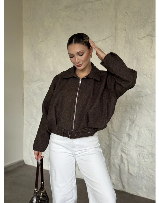 Oversize kısa kemerli kaşe ceket kırçıllı kahve