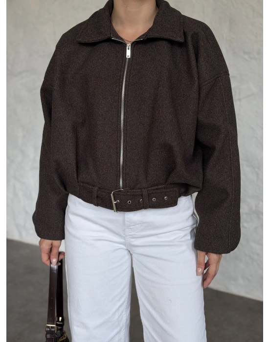 Oversize kısa kemerli kaşe ceket kırçıllı kahve