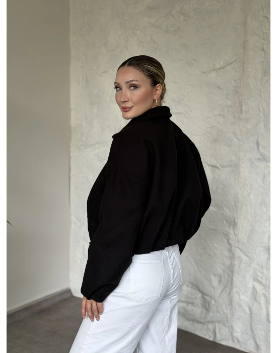 Oversize kısa kemerli kaşe ceket siyah