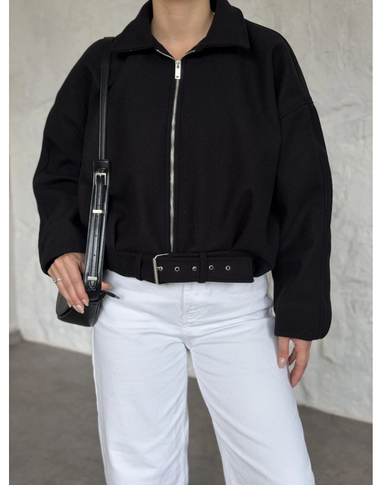 Oversize kısa kemerli kaşe ceket siyah