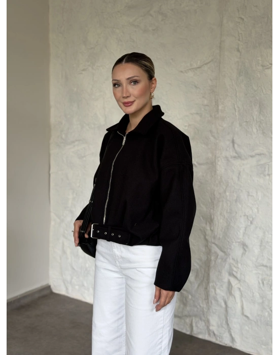 Oversize kısa kemerli kaşe ceket siyah