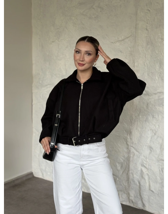 Oversize kısa kemerli kaşe ceket siyah