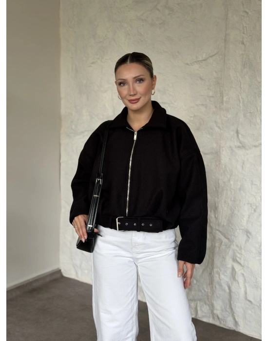 Oversize kısa kemerli kaşe ceket siyah
