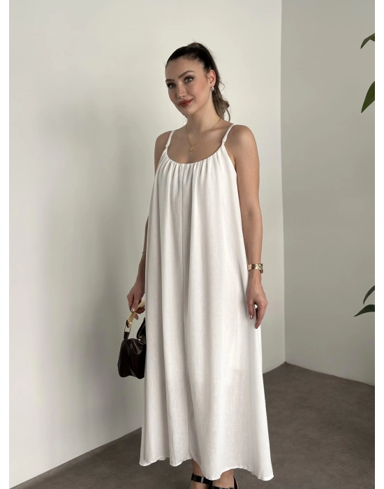 Oversize salaş askılı keten elbise beyaz
