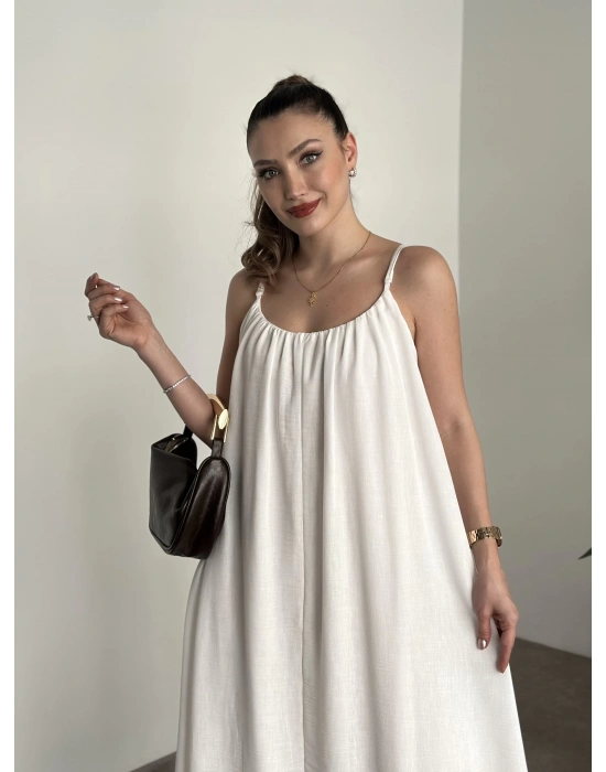 Oversize salaş askılı keten elbise beyaz