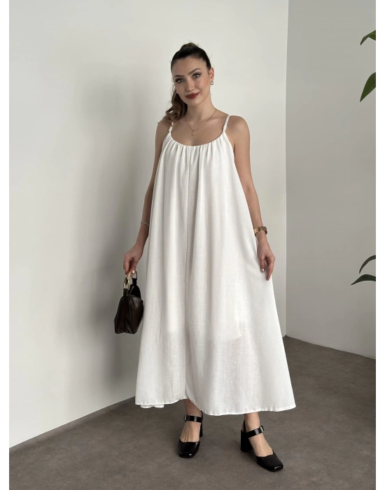 Oversize salaş askılı keten elbise beyaz