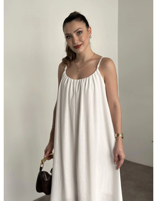 Oversize salaş askılı keten elbise beyaz