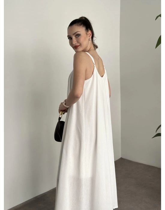 Oversize salaş askılı keten elbise beyaz