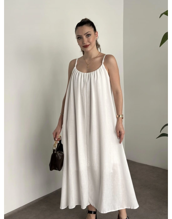 Oversize salaş askılı keten elbise beyaz