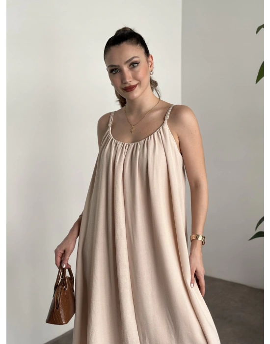 Oversize salaş askılı keten elbise krem