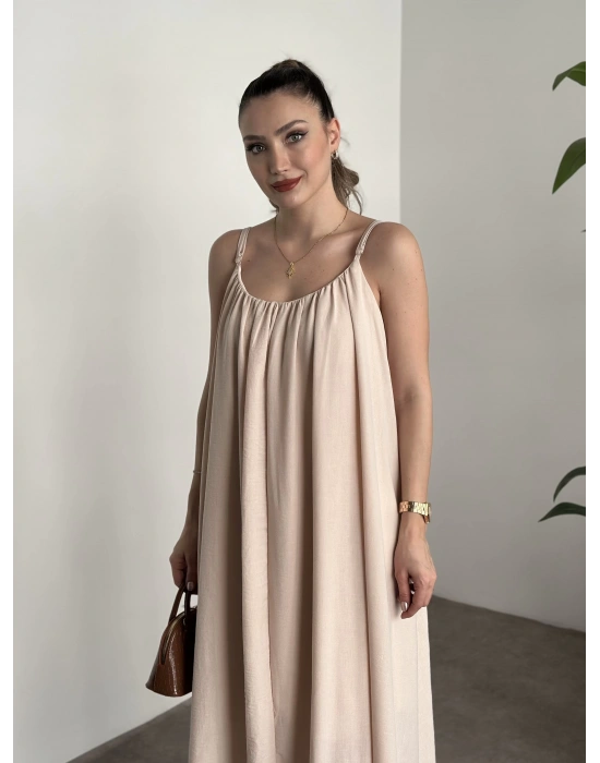 Oversize salaş askılı keten elbise krem