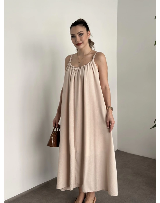 Oversize salaş askılı keten elbise krem