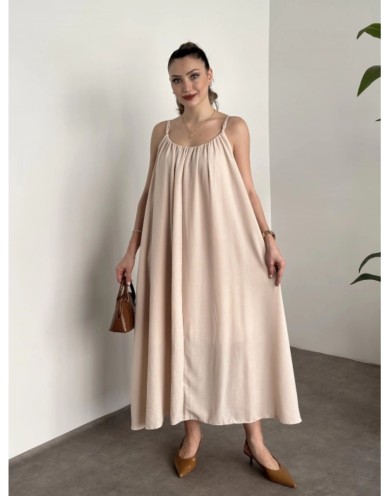 Oversize salaş askılı keten elbise krem