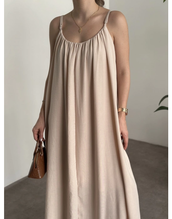 Oversize salaş askılı keten elbise krem
