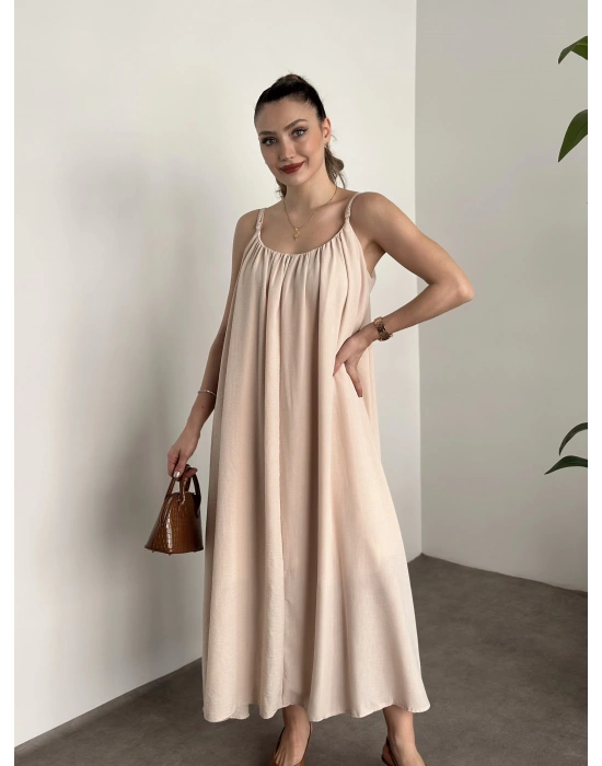 Oversize salaş askılı keten elbise krem