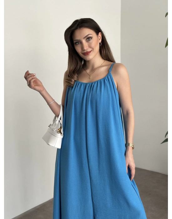 Oversize salaş askılı keten elbise mavi