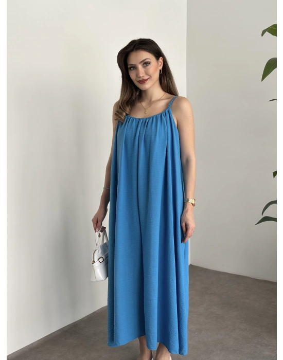 Oversize salaş askılı keten elbise mavi