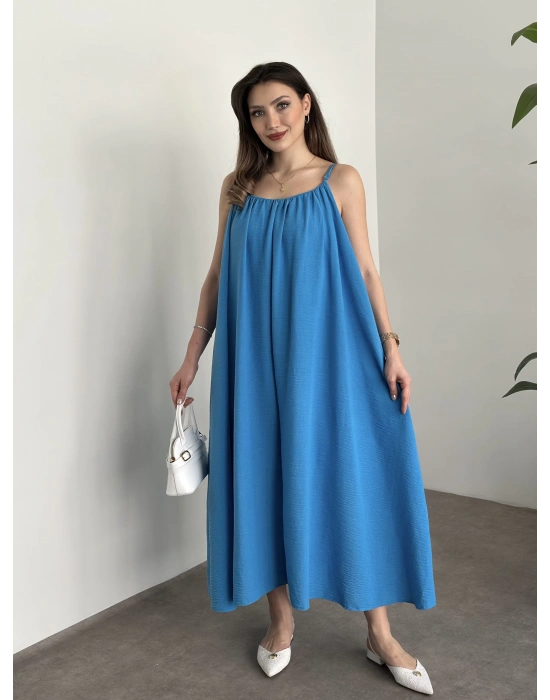 Oversize salaş askılı keten elbise mavi