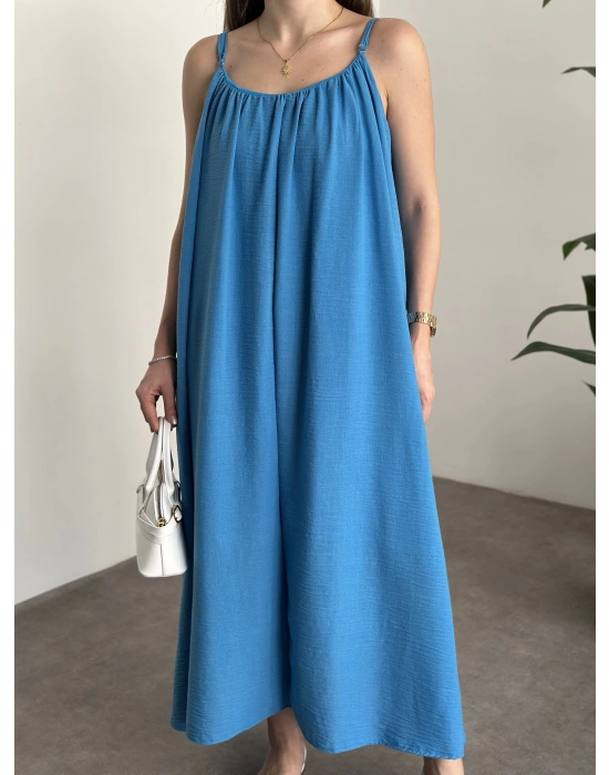 Oversize salaş askılı keten elbise mavi