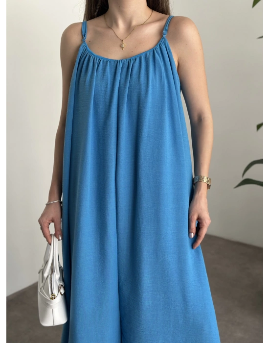 Oversize salaş askılı keten elbise mavi