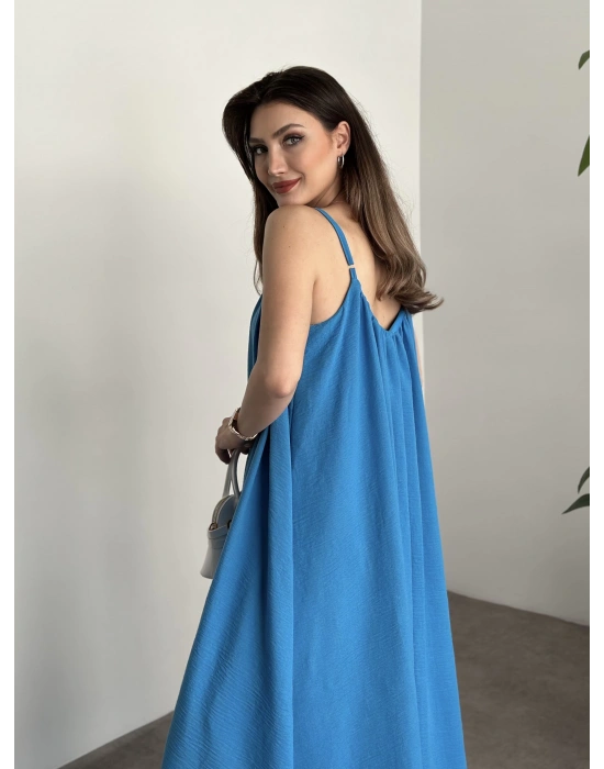 Oversize salaş askılı keten elbise mavi