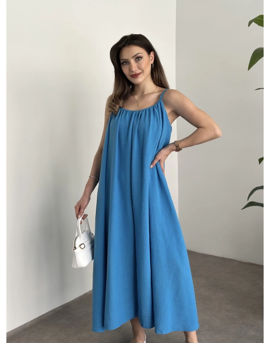 Oversize salaş askılı keten elbise mavi