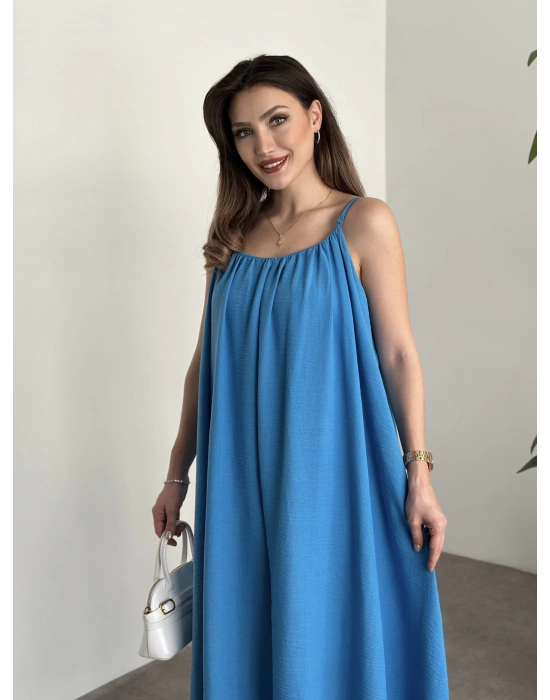 Oversize salaş askılı keten elbise mavi
