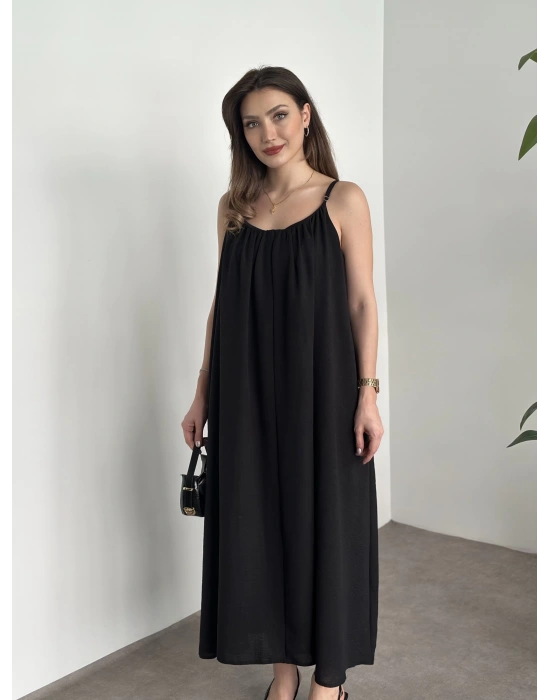 Oversize salaş askılı keten elbise siyah