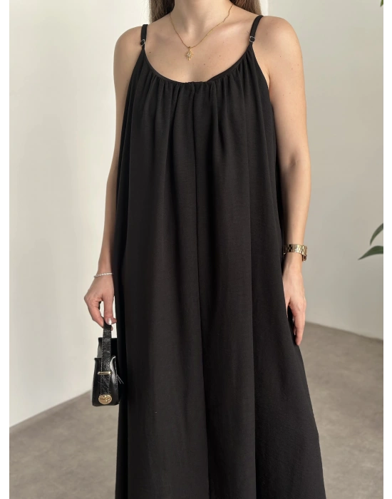 Oversize salaş askılı keten elbise siyah