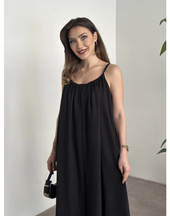 Oversize salaş askılı keten elbise siyah