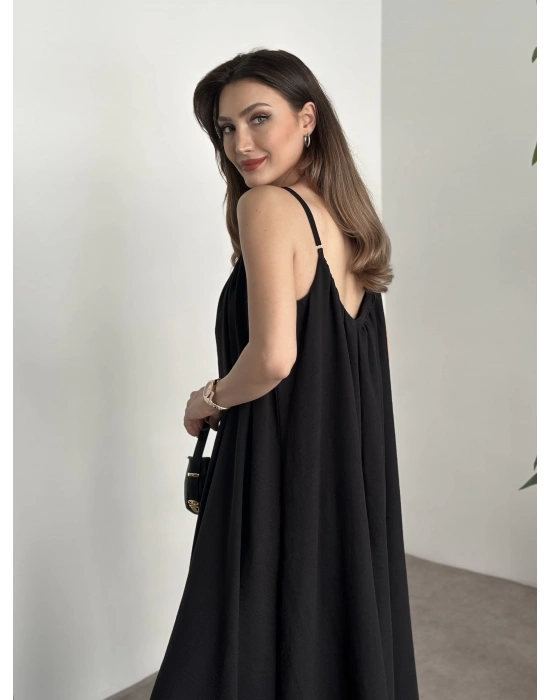 Oversize salaş askılı keten elbise siyah