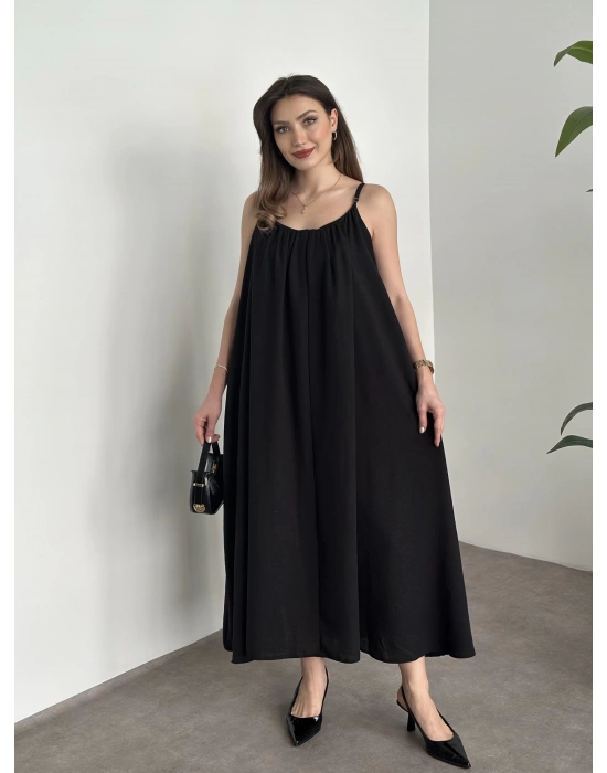 Oversize salaş askılı keten elbise siyah