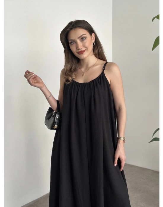 Oversize salaş askılı keten elbise siyah