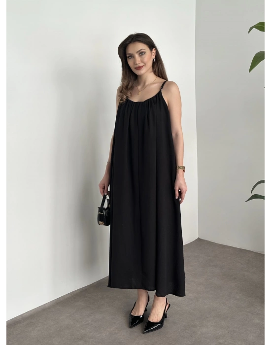 Oversize salaş askılı keten elbise siyah