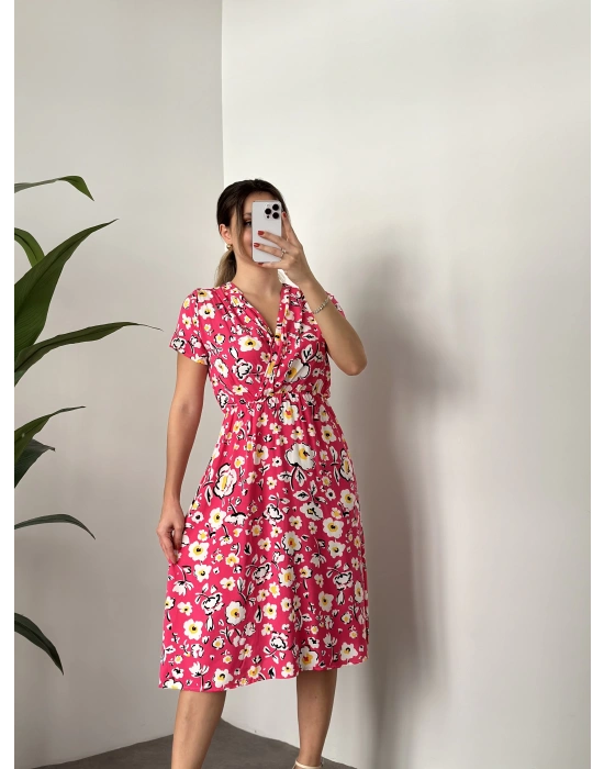 Papatyalı çiçekli kruvaze elbise fuşya