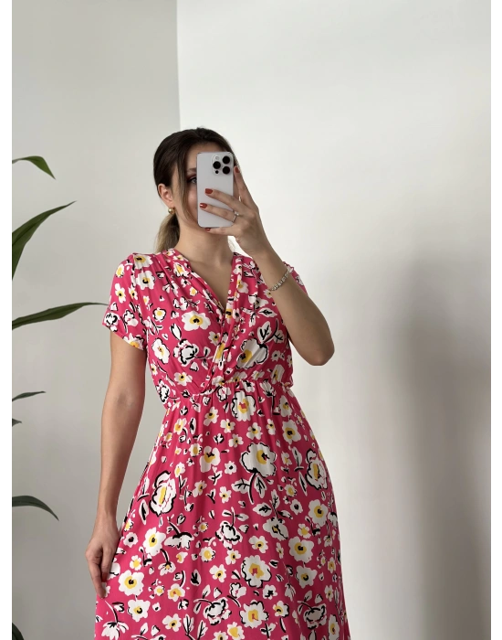 Papatyalı çiçekli kruvaze elbise fuşya