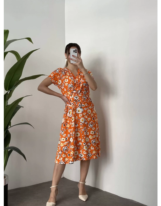 Papatyalı çiçekli kruvaze elbise turuncu