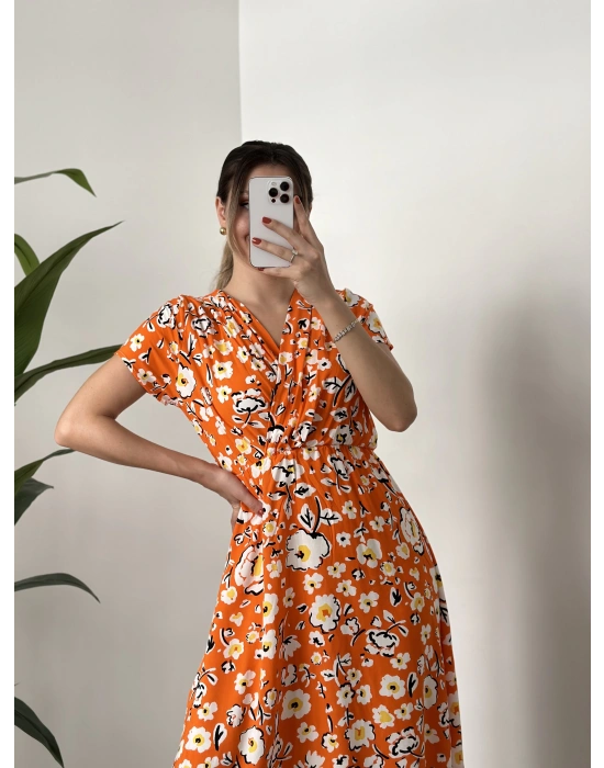Papatyalı çiçekli kruvaze elbise turuncu