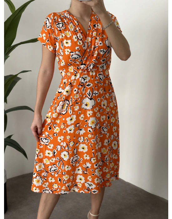 Papatyalı çiçekli kruvaze elbise turuncu