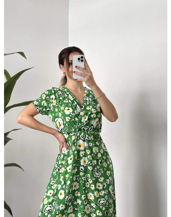 Papatyalı çiçekli kruvaze elbise yeşil