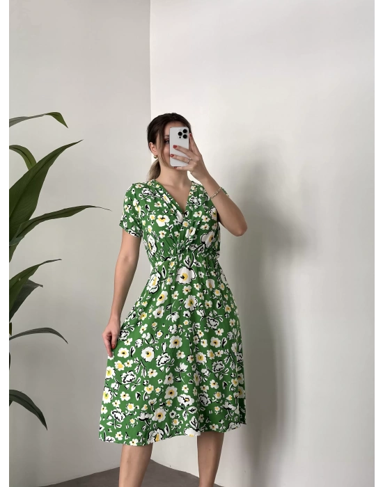 Papatyalı çiçekli kruvaze elbise yeşil