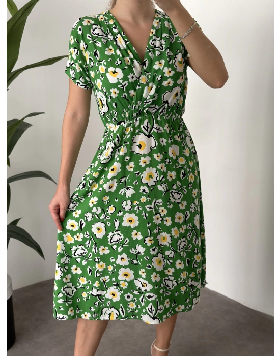 Papatyalı çiçekli kruvaze elbise yeşil